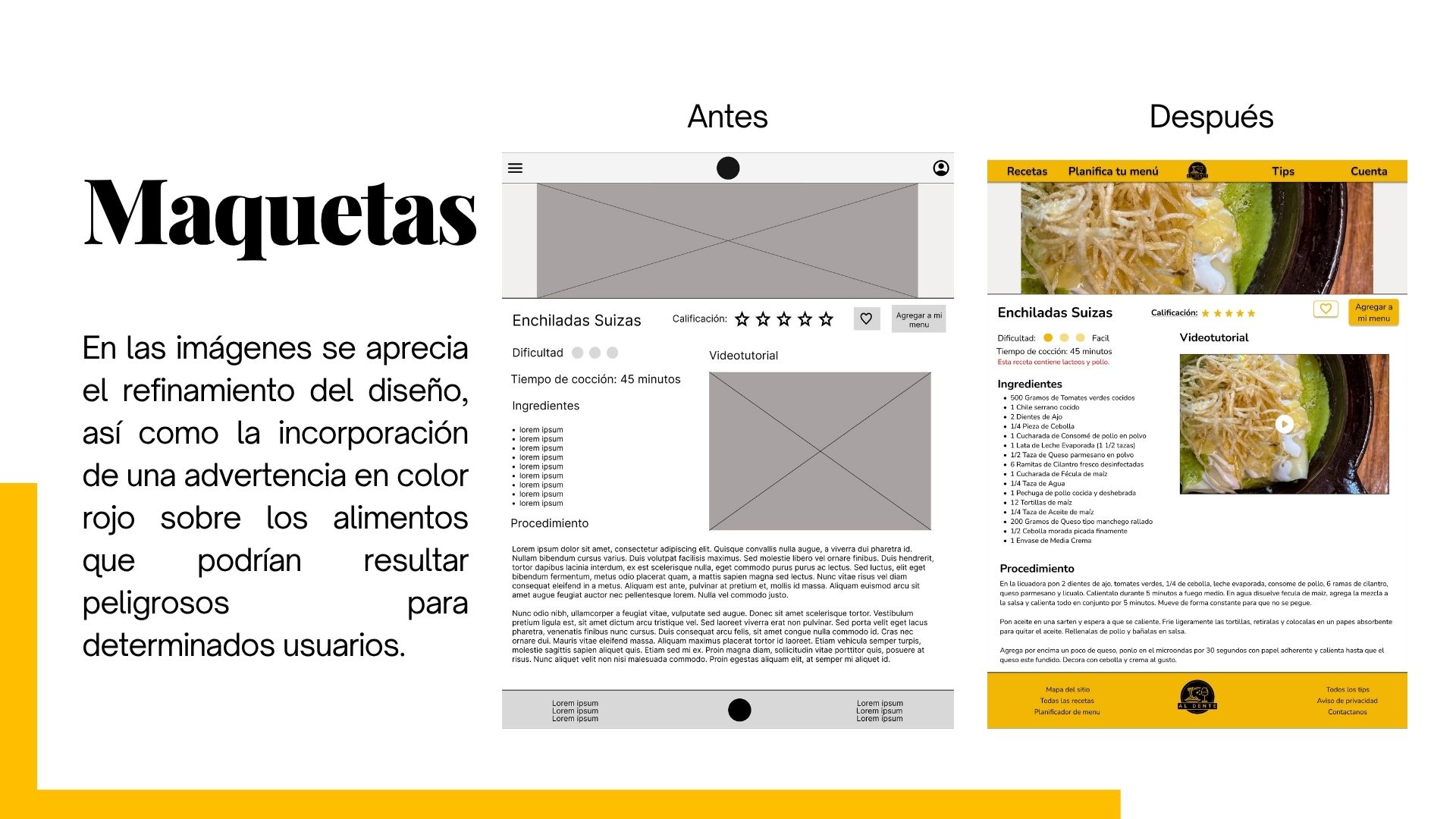 Imagen del diseño e wireframe y su evolucion a la maqueta de alta fidelidad del mismo diseño